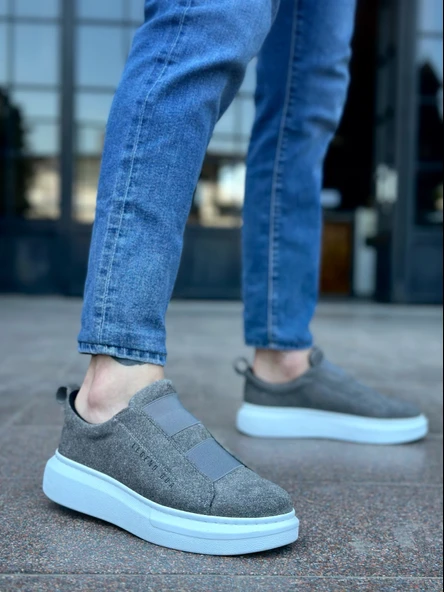 Pabucmarketi Bağcıksız Çift Bant Erkek Ayakkabı GRİ (BEYAZ TABAN) - Resim 3