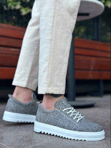 Pabucmarketi Bağcıklı Keten Erkek Ayakkabı GRİ (BEYAZ TABAN) - Resim 2