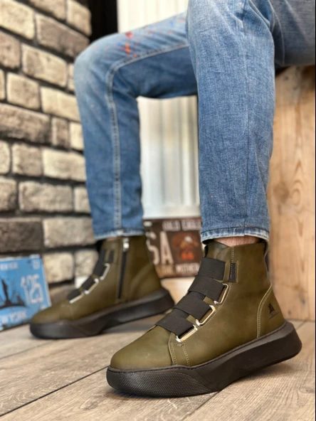 Pabucmarketi Bantlı Fermuarlı Erkek Spor Bot HAKİ YEŞİL (SİYAH TABAN) - Resim 2