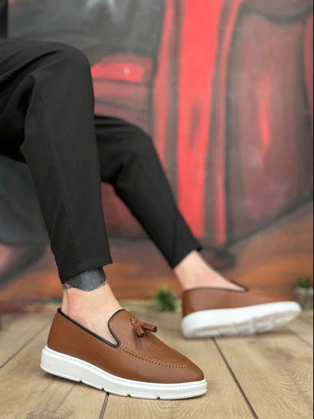 Pabucmarketi Bağcıksız Püsküllü Erkek Ayakkabı TABA (BEYAZ TABAN)