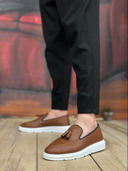 Pabucmarketi Bağcıksız Püsküllü Erkek Ayakkabı TABA (BEYAZ TABAN) - 2