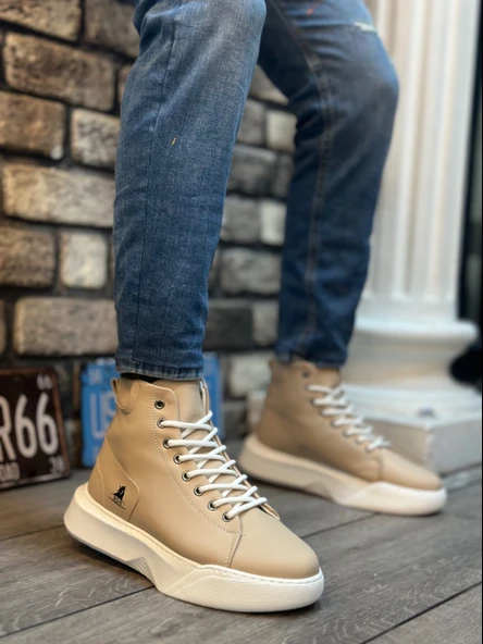 Pabucmarketi Bağcıklı Erkek Spor Bot KREM (BEYAZ TABAN) ürün görseli