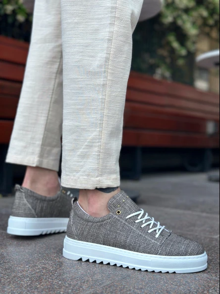 Pabucmarketi Bağcıklı Keten Erkek Ayakkabı KAHVE (BEYAZ TABAN) - Resim 2