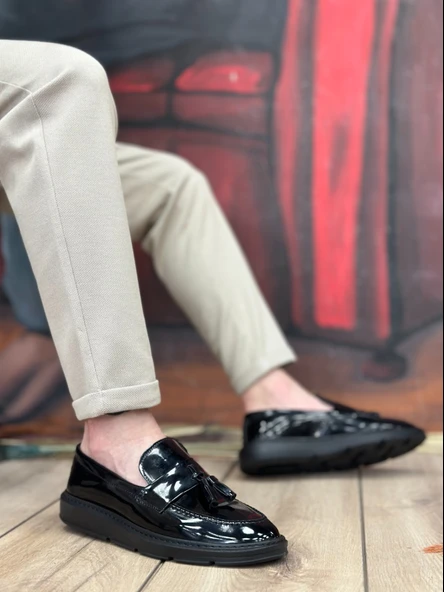 Pabucmarketi Bağcıksız Püsküllü Erkek Ayakkabı SİYAH RUGAN (SİYAH TABAN) - Resim 3