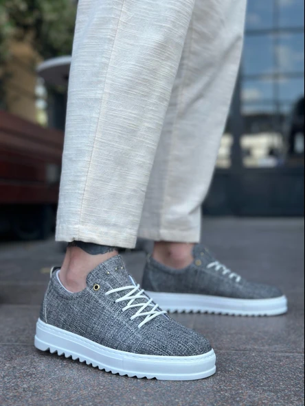 Pabucmarketi Bağcıklı Keten Erkek Ayakkabı GRİ (BEYAZ TABAN) - Resim 3