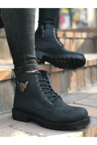 Pabucmarketi Fermuarlı Bağcık Detaylı Erkek Bot SİYAH - Resim 2