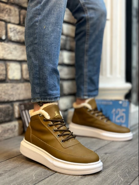 Pabucmarketi Bağcıklı İçi Kürklü Tarz Spor Bot VİZON (BEYAZ TABAN) ürün görseli