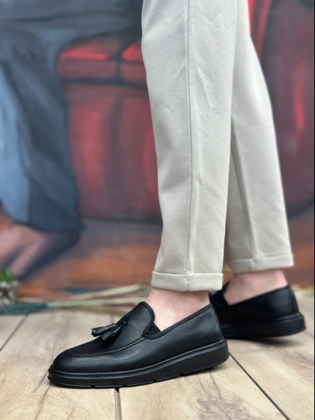 Pabucmarketi Bağcıksız Püsküllü Erkek Ayakkabı SİYAH (SİYAH TABAN) - Resim 2