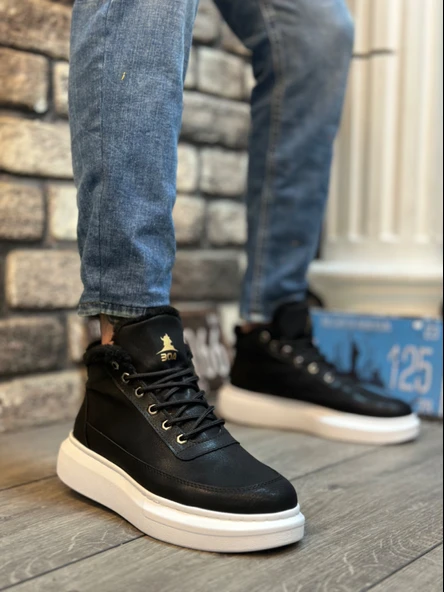 Pabucmarketi Bağcıklı İçi Kürklü Tarz Spor Bot SİYAH (BEYAZ TABAN) ürün görseli