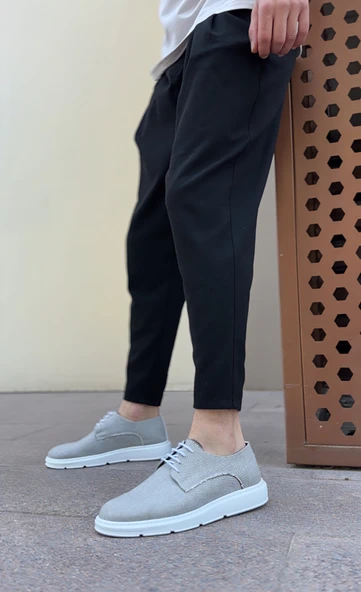 Pabucmarketi Bağcıklı Casual Erkek Ayakkabı GRİ KETEN (BEYAZ TABAN)