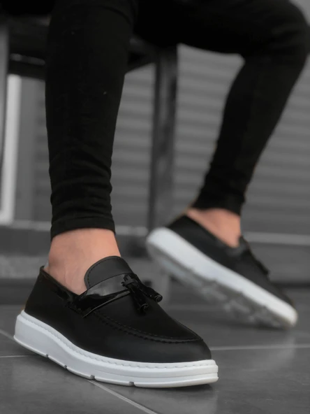 Pabucmarketi Bağcıksız Püsküllü Erkek Ayakkabı SİYAH (BEYAZ TABAN) - 3