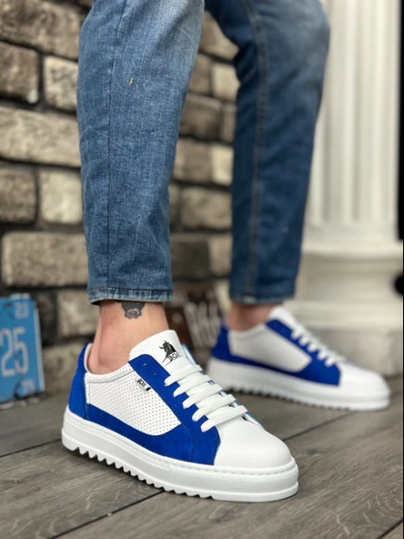 Pabucmarketi Bağcıklı Erkek Spor Ayakkabı BEYAZ MAVİ (BEYAZ TABAN) ürün görseli 1