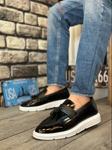 Pabucmarketi Bağcıksız Püsküllü Erkek Ayakkabı SİYAH RUGAN (BEYAZ TABAN) - Resim 2