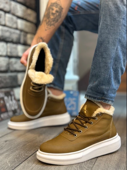 Pabucmarketi Bağcıklı İçi Kürklü Tarz Spor Bot VİZON (BEYAZ TABAN) - Resim 3