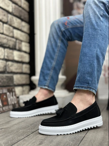 Pabucmarketi Bağcıksız Püsküllü Erkek Ayakkabı SİYAH SÜET (BEYAZ TABAN) - Resim 2