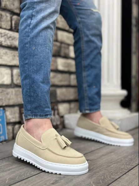 Pabucmarketi Bağcıksız Püsküllü Keten Erkek Ayakkabı KREM (BEYAZ TABAN) - Resim 4