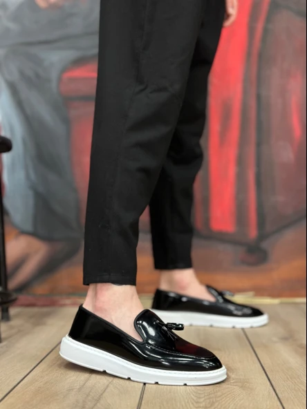 Pabucmarketi Bağcıksız Püsküllü Erkek Ayakkabı SİYAH RUGAN (BEYAZ TABAN) - Resim 2