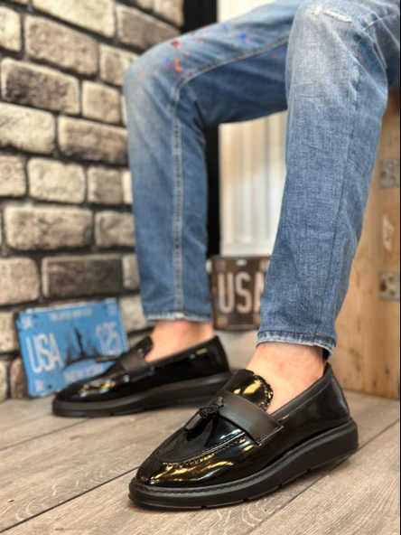 Pabucmarketi Bağcıksız Püsküllü Erkek Ayakkabı SİYAH RUGAN (SİYAH TABAN) - 2