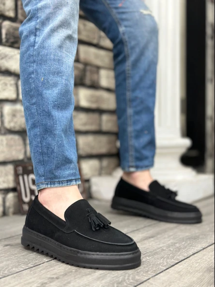 Pabucmarketi Bağcıksız Püsküllü Erkek Ayakkabı SİYAH SÜET (SİYAH TABAN)