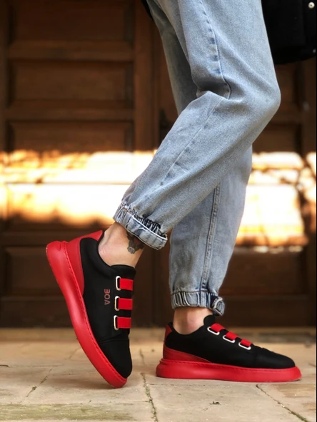 Pabucmarketi 3 Bant Casual Erkek Ayakkabı SİYAH KIRMIZI (KIRMIZI TABAN) - 6