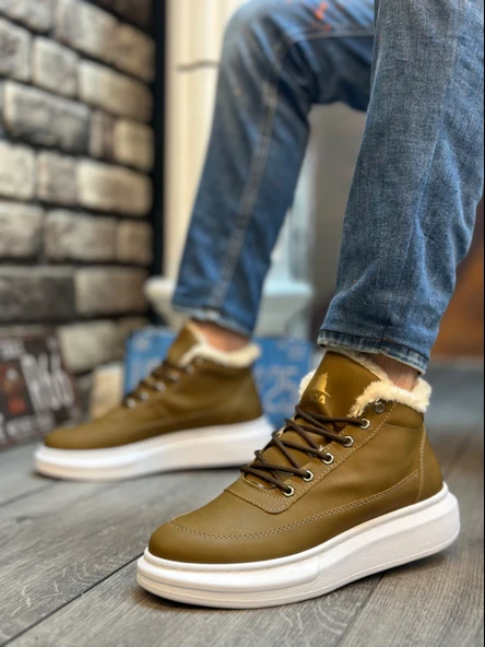 Pabucmarketi Bağcıklı İçi Kürklü Tarz Spor Bot VİZON (BEYAZ TABAN) - Resim 2