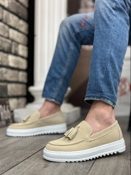 Pabucmarketi Bağcıksız Püsküllü Keten Erkek Ayakkabı KREM (BEYAZ TABAN) - Resim 5