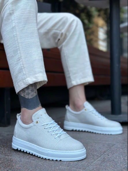 Pabucmarketi Bağcıklı Keten Erkek Ayakkabı KREM (BEYAZ TABAN) ürün görseli