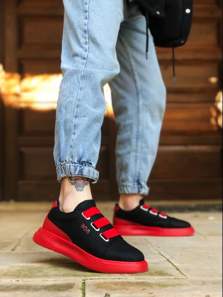 Pabucmarketi 3 Bant Casual Erkek Ayakkabı SİYAH KIRMIZI (KIRMIZI TABAN) - 3