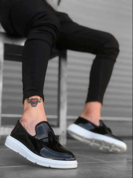 Pabucmarketi Bağcıksız Püsküllü Erkek Ayakkabı SİYAH RUGAN (BEYAZ TABAN) - Resim 3