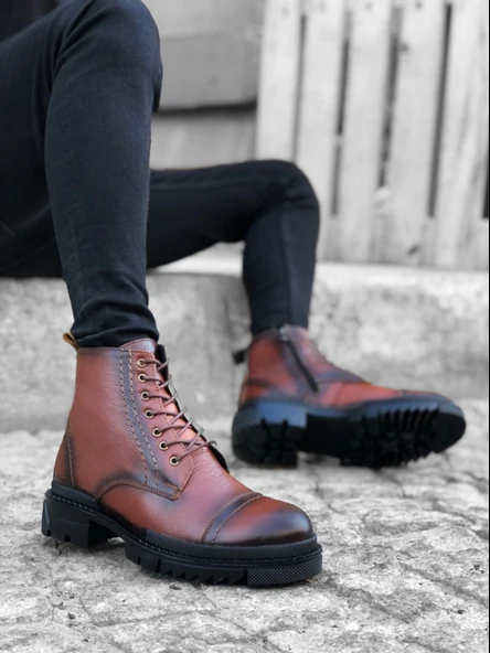 Pabucmarketi Fermuarlı Bağcık Detaylı İçi Dışı Hakiki Deri Erkek Bot TABA - Resim 2