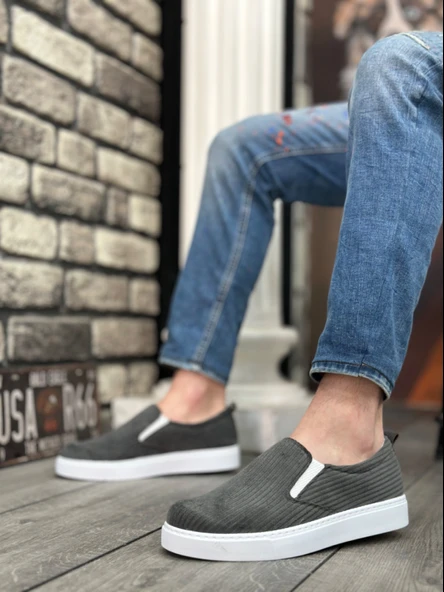 Pabucmarketi Bağcıksız Kadife Erkek Günlük Ayakkabı GRİ (BEYAZ TABAN) - 6