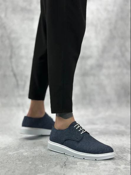 Pabucmarketi Bağcıklı Keten Casual Erkek Ayakkabı LACİVERT (BEYAZ TABAN) - Resim 3