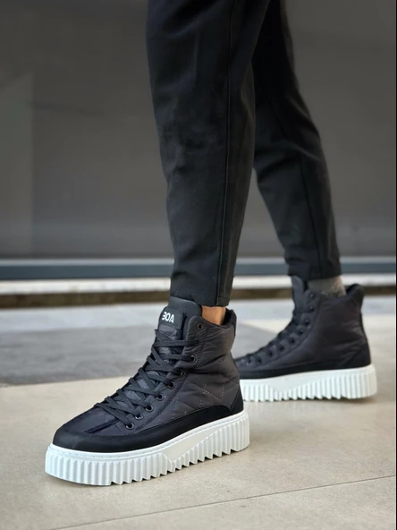 Pabucmarketi Bağcıklı Paraşüt Kumaş Siyah Detaylı Erkek Spor Bot SİYAH (BEYAZ TABAN) - Resim 4