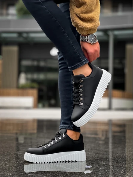 Pabucmarketi Bağcıklı Erkek Günlük Ayakkabı SİYAH (BEYAZ TABAN) - Resim 7