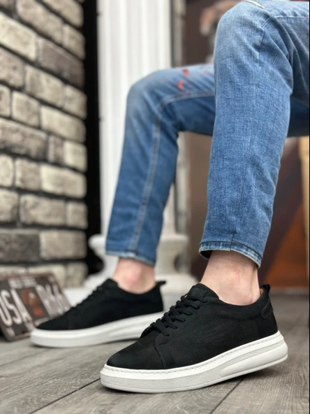 Pabucmarketi Bağcıklı İçi Dışı Hakiki Deri Casual Erkek Ayakkabı SİYAH NUBUK (BEYAZ TABAN) - Resim 2