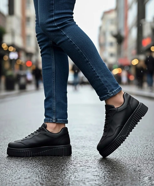 Pabucmarketi Bağcıklı Erkek Günlük Ayakkabı SİYAH (SİYAH TABAN) - Resim 3