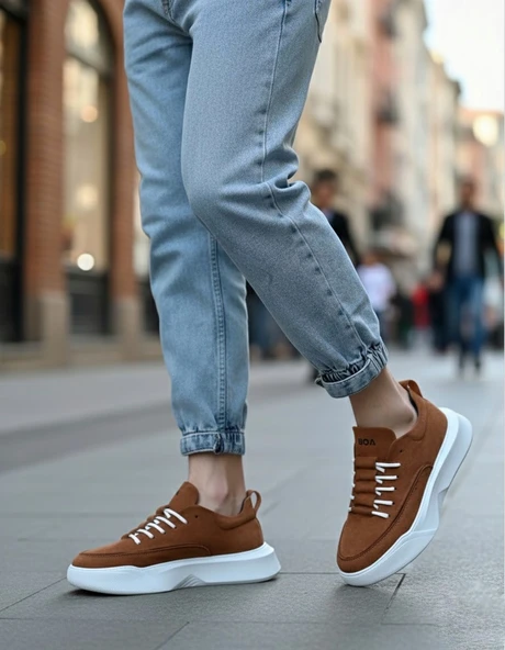 Pabucmarketi Bağcıklı Erkek Spor Ayakkabı TABA SÜET (BEYAZ TABAN) ürün görseli 1