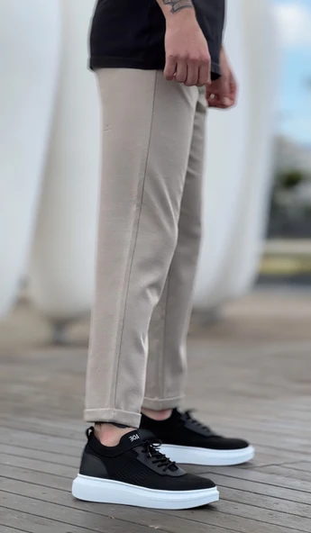 Pabucmarketi Bağcık Detaylı Triko Erkek Spor Ayakkabı SİYAH (BEYAZ TABAN) - Resim 4