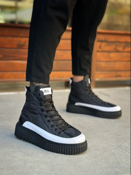 Pabucmarketi Bağcıklı Paraşüt Kumaş Beyaz Detaylı Erkek Spor Bot SİYAH (SİYAH TABAN) - Resim 5