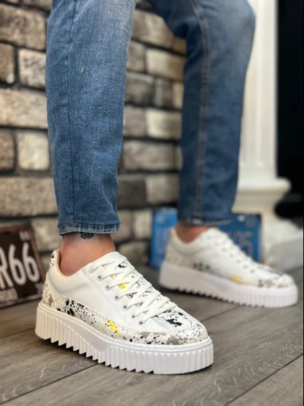 Pabucmarketi Bağcıklı Baskı Detaylı Erkek Spor Ayakkabı BEYAZ (BEYAZ TABAN) ürün görseli