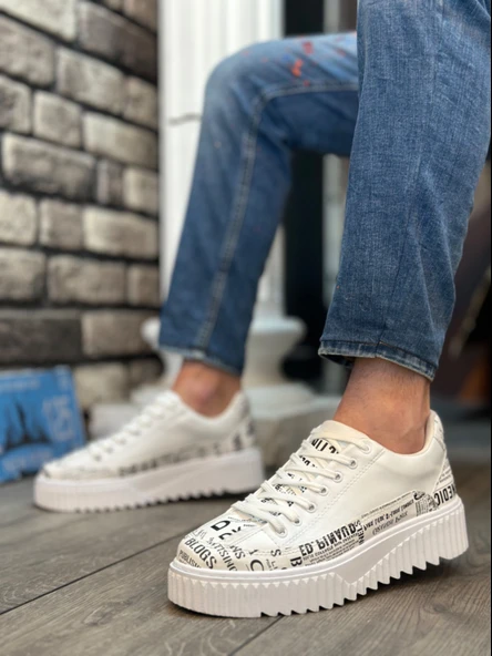 Pabucmarketi Bağcıklı Baskı Detaylı Erkek Spor Ayakkabı BEYAZ (BEYAZ TABAN) - Resim 2