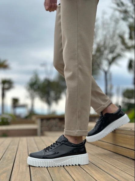 Pabucmarketi Bağcıklı Erkek Ayakkabı SİYAH RUGAN (BEYAZ TABAN) - 2