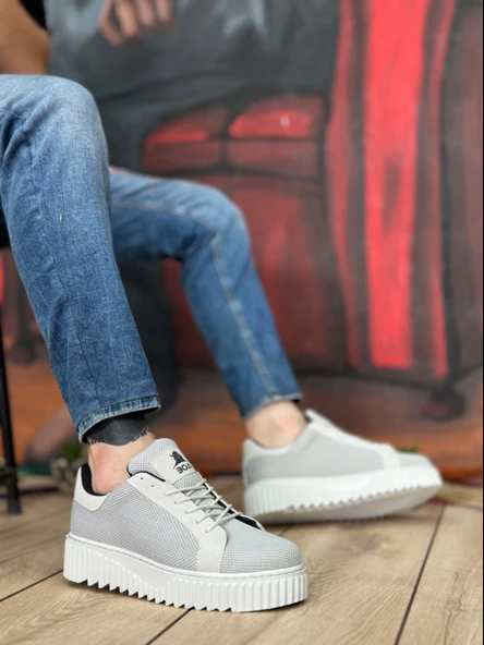 Pabucmarketi Bağcıklı Triko Erkek Ayakkabı GRİ (GRİ TABAN) - Resim 6