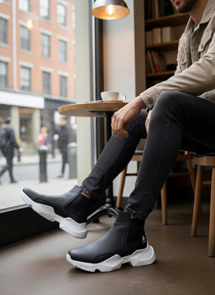 Pabucmarketi Lastikli Erkek Spor Bot SİYAH (BEYAZ TABAN) - Resim 3