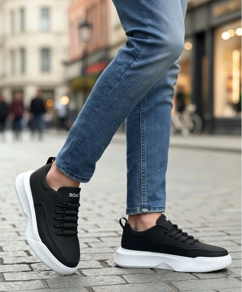 Pabucmarketi Bağcıklı Erkek Spor Ayakkabı SİYAH (BEYAZ TABAN) ürün görseli 1