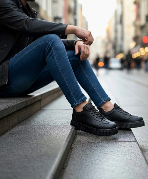 Pabucmarketi Bağcıklı Erkek Günlük Ayakkabı SİYAH (SİYAH TABAN) - Resim 2