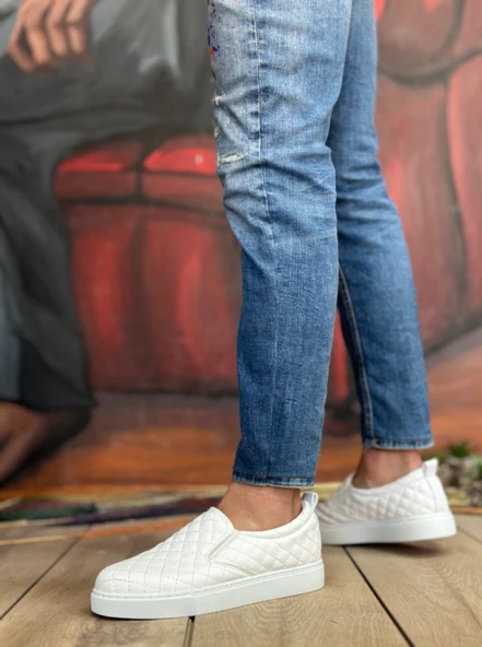 Pabucmarketi Bağcıksız Kapitone Erkek Günlük Ayakkabı BEYAZ (BEYAZ TABAN) - Resim 3