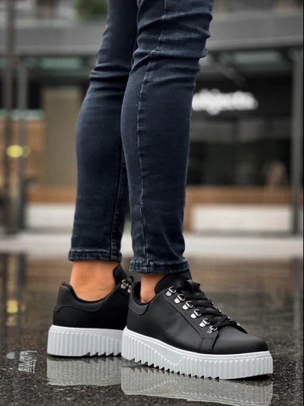 Pabucmarketi Bağcıklı Erkek Günlük Ayakkabı SİYAH (BEYAZ TABAN) - Resim 3