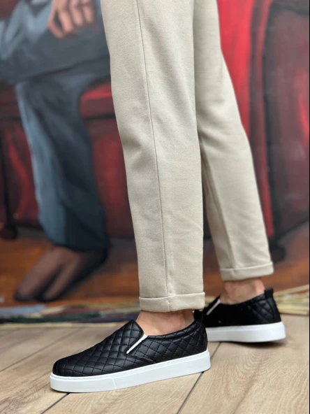 Pabucmarketi Bağcıksız Kapitone Erkek Günlük Ayakkabı SİYAH (BEYAZ TABAN) - Resim 3