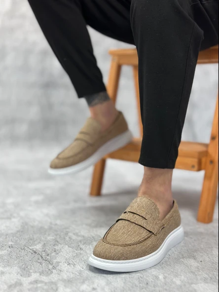 Pabucmarketi Bağcıksız Keten Erkek Ayakkabı HARDAL